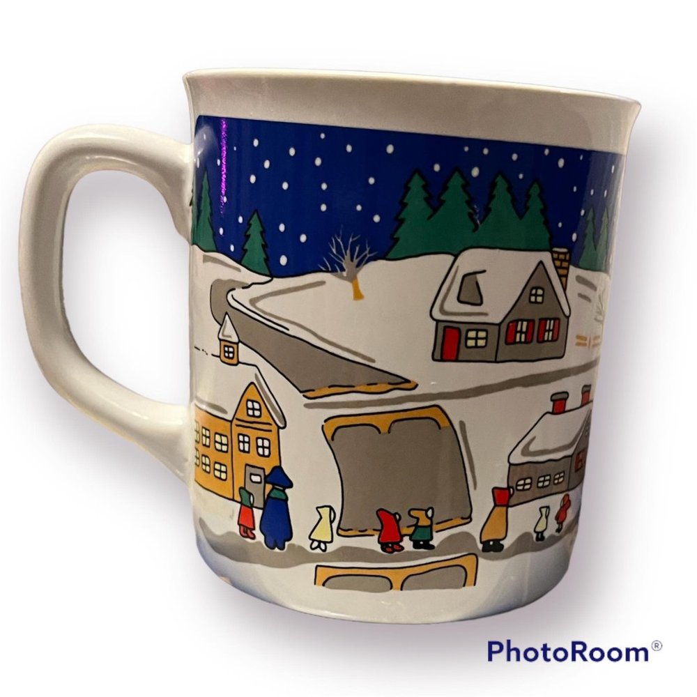 Town Gathers At Church Snowy Christmas Night Coffee Mug Vintage
